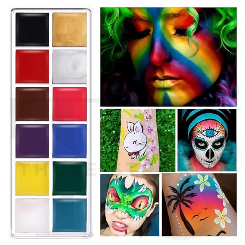 Image of THR3E STROKES Oil Based Face Body Painting Kit, 12 Colours, Black & White Halloween Makeup Palette, Hypoallergenic Body Paint for Costume Party, Special Effects