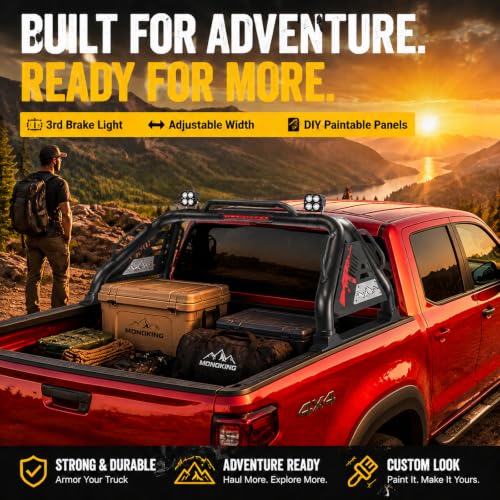 Image of MONOKING Adjustable Roll Bar for Mid-Size Truck with 3rd Brake Light, Sports Bed Bar Chase Rack for 2007-2026 Tacoma, Gladiator, Ranger, Colorado, Canyon, Frontier, Dakota | DIY Paintable Panels