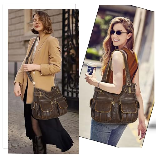 Image of Purses Women Handbags Large Double Zipper Multi Pocket Washed Shoulder Bags Purse with compartments Designer