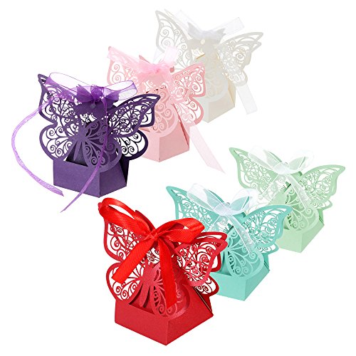 Decdeal Caixas de doces com fita delicada esculpida borboleta elegante bolsa de doces para festa de