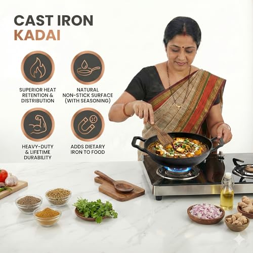 Image of Human Hydro Himalayan Stone Kadai /Kadhai 23cm with Lid & Wooden Spatula | Natural Stone Deep Wok | Toxin-Free | Gas Stove Compatible | for Curries, Frying & Daily Cooking