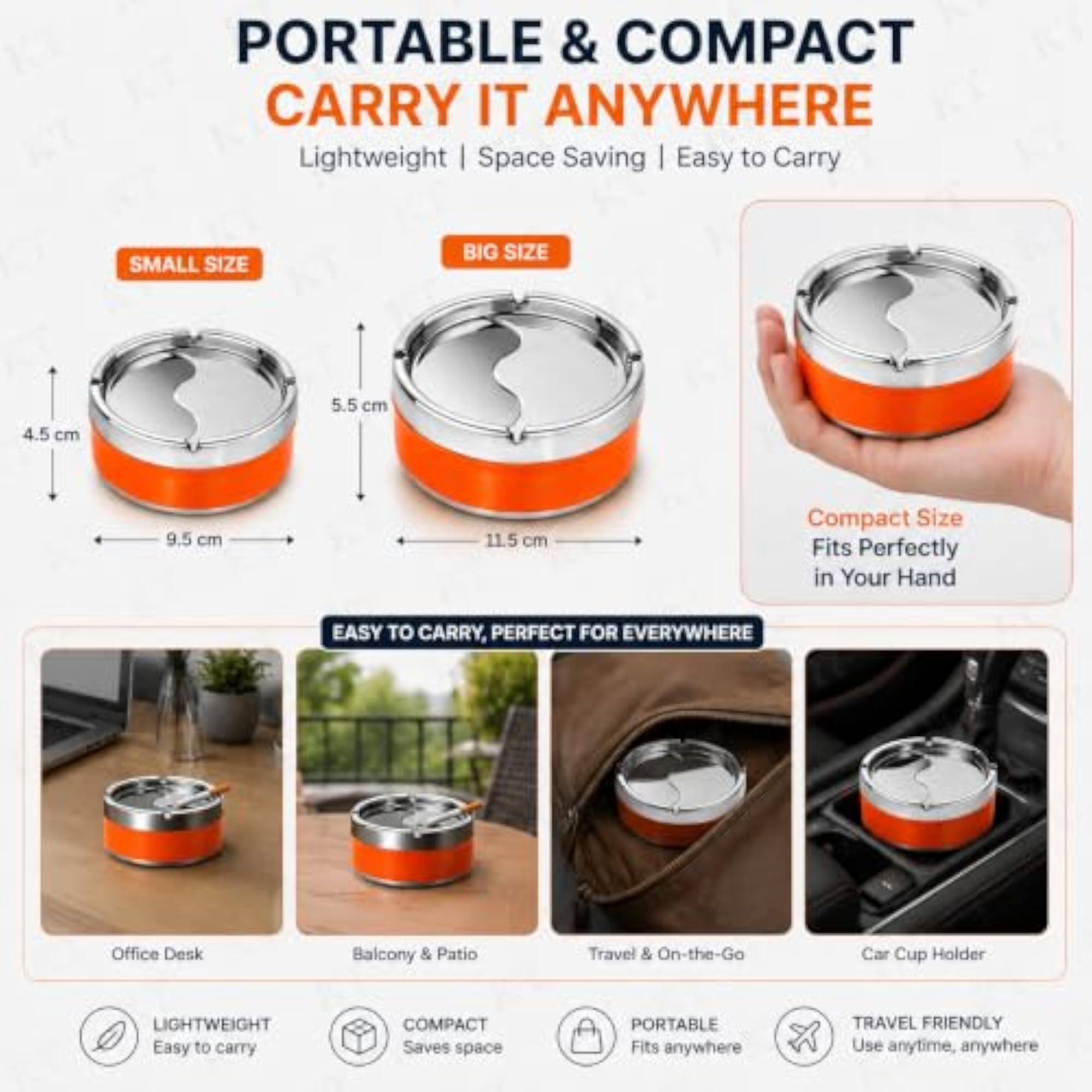 Stainless Steel Ashtray with Lid, Windproof Smokeless Design