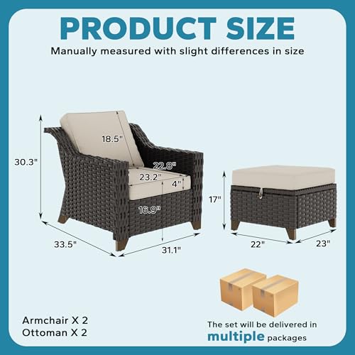 Image of 4 Piece Patio Furniture Set, Wicker Outdoor Conversation Set | Patio Chair Set with Olefin Removable Cushion, All-Weather Outdoor Couch with Deep Seat for Porch, Deck and Backyard, Beige