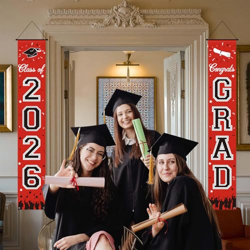 Image of 2026 Graduation Decorations, Red Graduation Banner Class of 2026, Hanging Congratulations /Congrats Grad Porch Banner for Door Schools Grad Party Decorations Red and Black