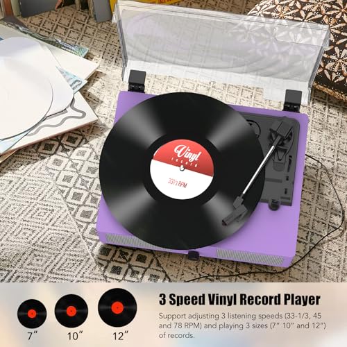 Image of Vinyl Record Player with Built-in Speakers and USB,Belt-Driven Bluetooth Turntable with 3 Speed AUX Input Headphone Jack and RCA Output Vintage Wooden Purple