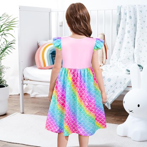 Little Toddler Girls Dress Flutter Sleeve Cute Mermaid Dinosaur Floral Summer Dresses Sundress with Pocket 2-7 Years2