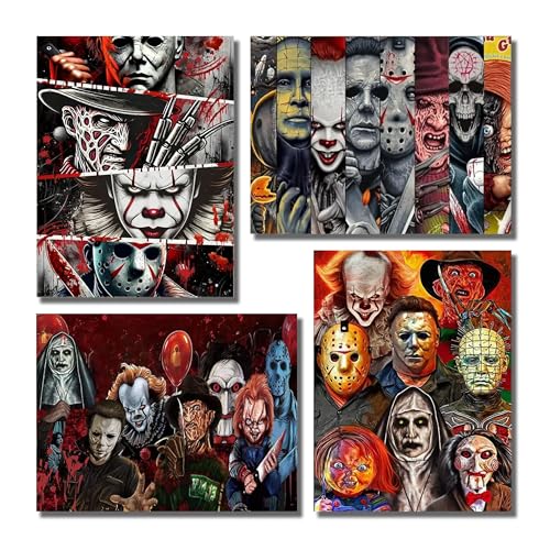 NEGEKFKX 4 Pack Halloween Diamond Art Kits for Adults Beginners Horror Diamond Painting Kits for Adults 5D Full Drill DIY Diamond Dot Gem Art Kit Wall Home Decor Arts Craft 12x16 inch