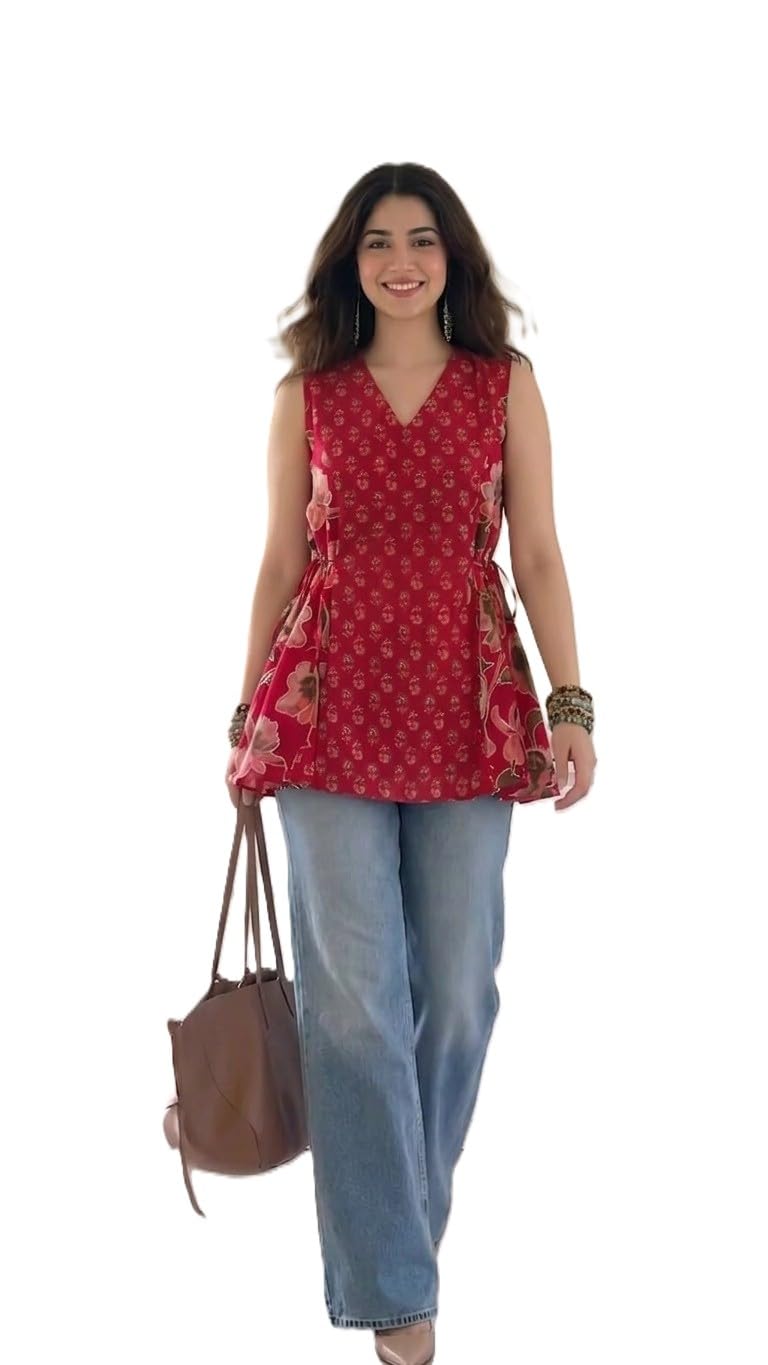 saicha Women's Cotton Floral Print Sleeveless V-Neck Tunic Top Short Kurti-picture-38