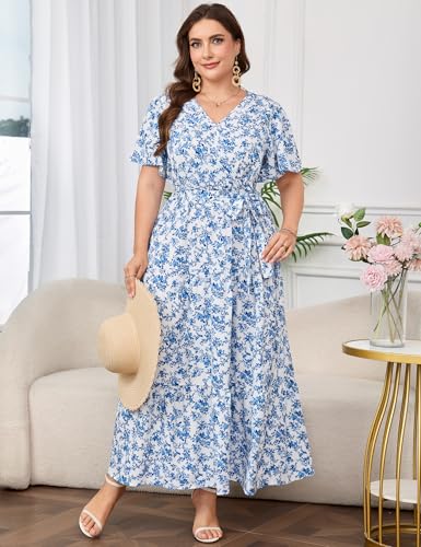Image of ShopWonder Womens Plus Size V Neck Wrap Maxi Dress High Waist Ruffle Summer Casual Dress with Belt