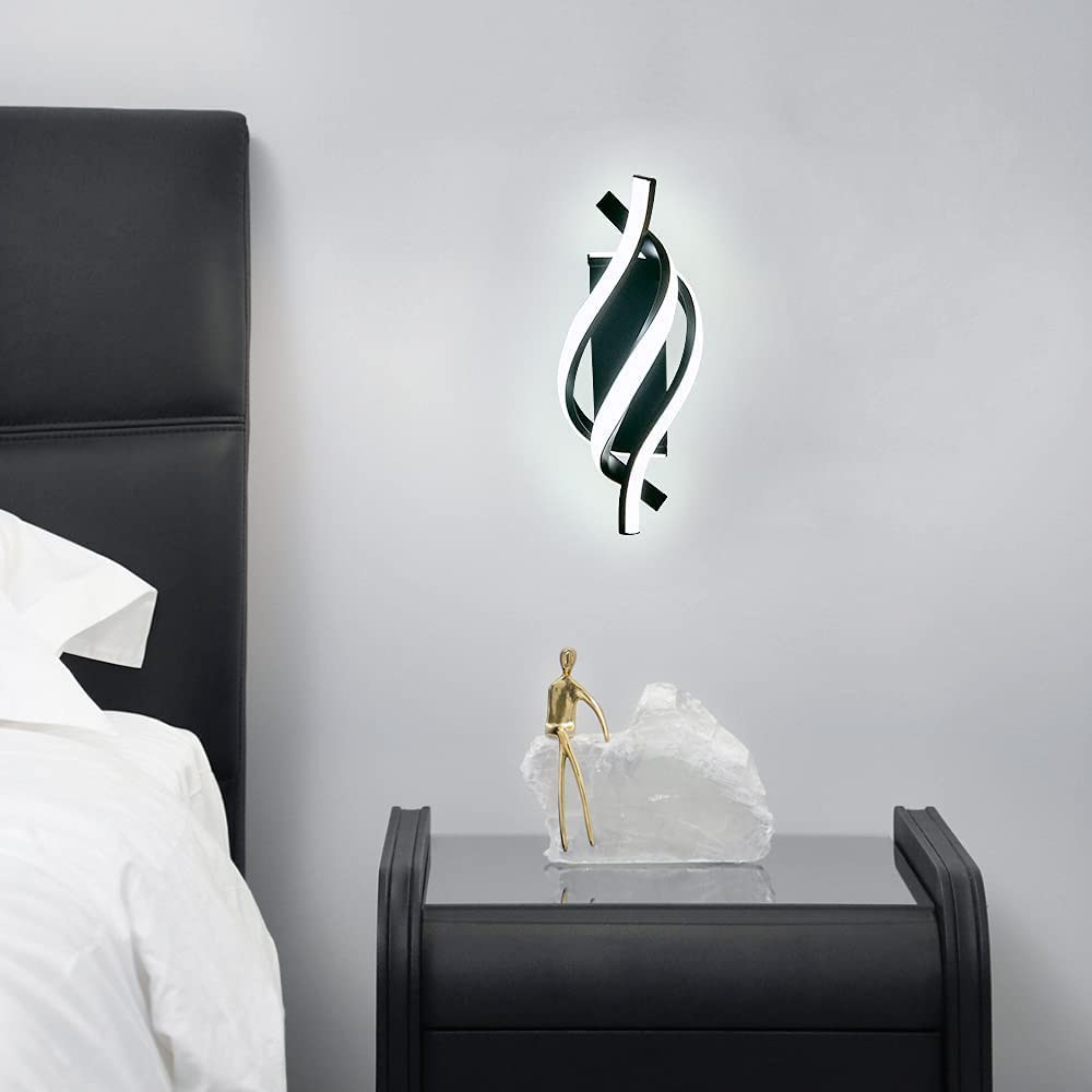 Applique Applique Moderna 18W Applique Design Curvo 6500K Bianco Freddo 1200 Lumen Nero per Camera da Letto Studio