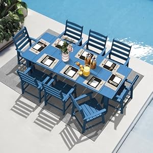 LOUNZY 9 Pieces Patio Dining Sets, Outdoor HDPE Furniture Sets for 8 w/ 2" Hole Cut-Out Dining Table with 8 Patio Chairs for Pool, Lawn and Garden, Navy 9 Dining Sets Navy