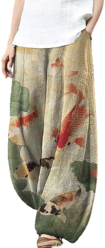 HOTYD Japanese Artist Pattern Wige Leg Pants for Women Summer Baggy Womens Linen Pants Cropped Trouser with Pockets