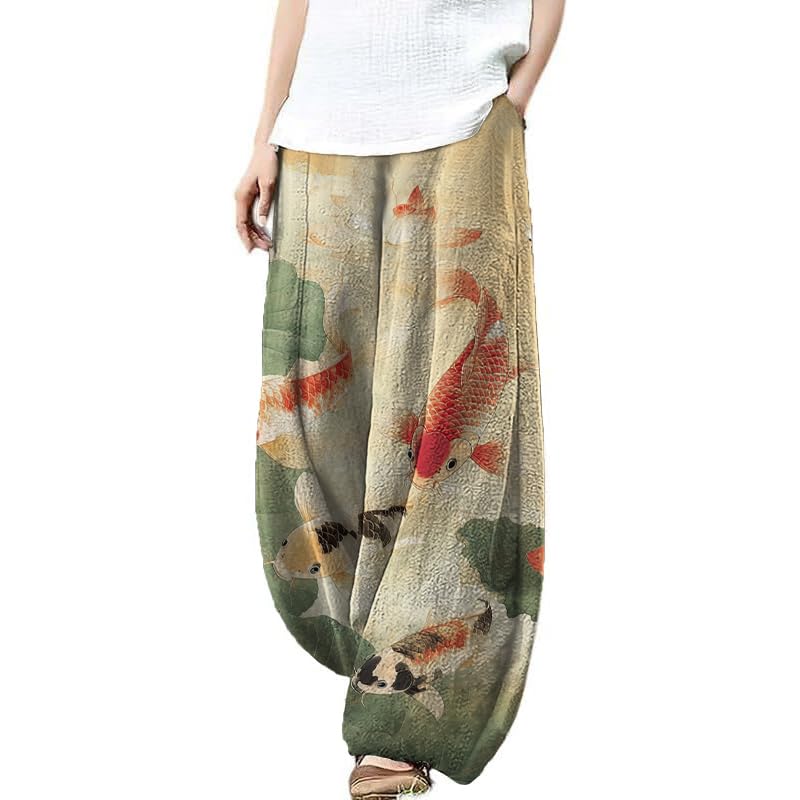 HOTYD Japanese Artist Pattern Wige Leg Pants for Women Summer Baggy Womens Linen Pants Cropped Trouser with Pockets