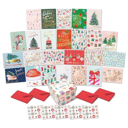 SWEETZER & ORANGE Boxed Christmas Cards Set – 100 Holiday Cards with Envelopes & Sealing Stickers – 25 Unique Designs with Gold Foil & Short Greetings – Bulk Assorted Christmas Greeting Cards