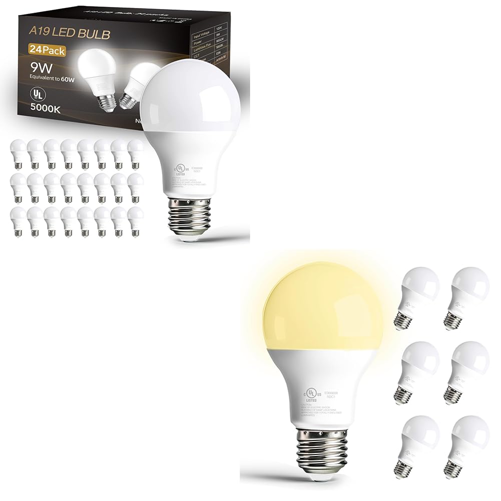 dalattindalattin LED Bulbs 24 Pack 5000K White+6 Pack 2700K,60 Watt Equivalent A19 Standard Bulbs, E26 Base, 800 LM, Efficient 9W Energy Saving, Non-Dimmable, 80+ CRI, 120V, UL Listed, for Living Room, Office