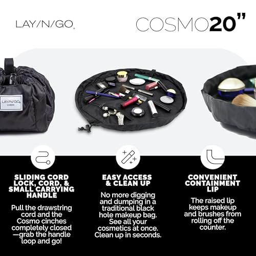 Lay-n-Go Cosmo Drawstring Cosmetic & Makeup Bag Organizer - Portable Drawstring Bag w/Zipper Pocket, Makeup Loops & More - Durable, Machine Washable Toiletry Bag for Travel (20", Black)