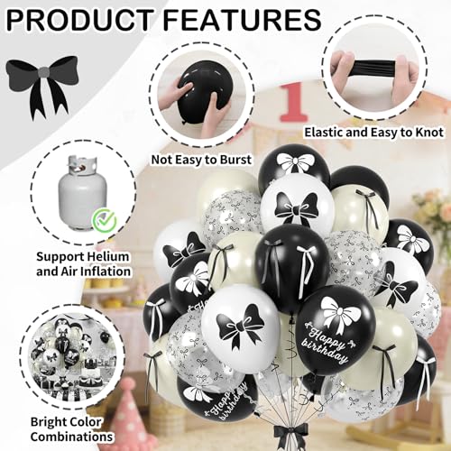 Image of Black Bow Balloons, 60PCS Double Stuffed Pearl White Balloons, 12 Inch Black White Bow Printed Balloon with Ribbon for Girls Women Birthday Bridal Baby Shower Wedding Bachelorette Party Decorations