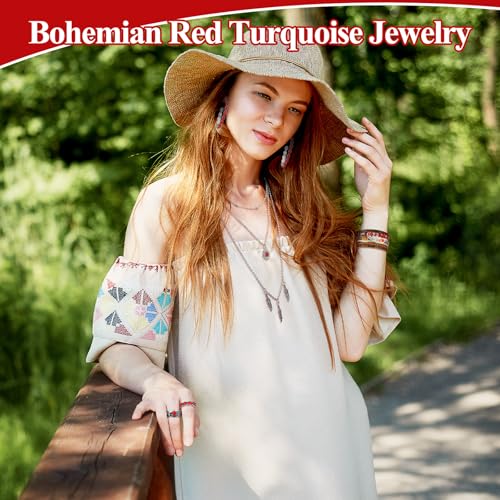 Image of Ecally Bohemian Western Jewelry Turquoise Set Women Country Pendant Long Choker Layered Bracelets Earrings Ring for Women
