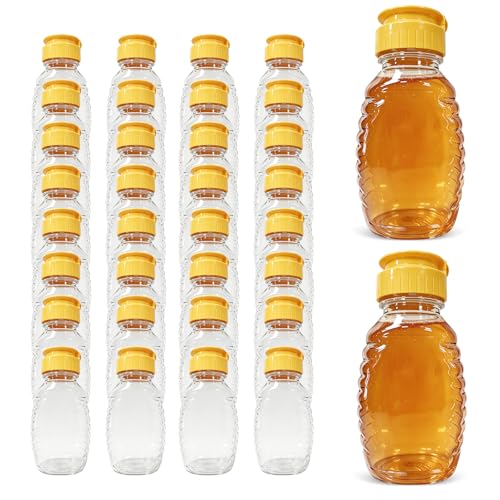 SkyJourney 32 Pcs 8.8 oz Clear Plastic Honey Bottles Empty Refillable Squeeze Containers with Yellow Flip Top Cap Leakproof Honey Jars for Storing Honey