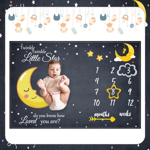 Image of Baby Milestone Blanket 60''x40'' Starry Sky Newborn Month Blanket Star and Moon Newborn Photography Background Prop for Boy & Girl Personalized Shower Present with Frame