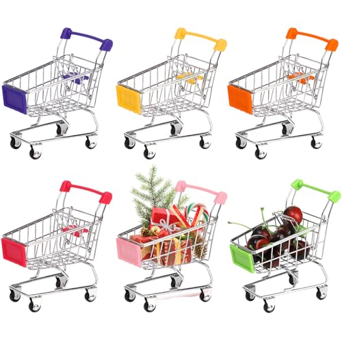 Dicunoy 6 PCS Mini Shopping Cart Mini Supermarket Shopping Grocery Handcart Small Decorative Ornaments Metal Shopping Utility Cart Mode on Wheels for Holder Desk Accessories
