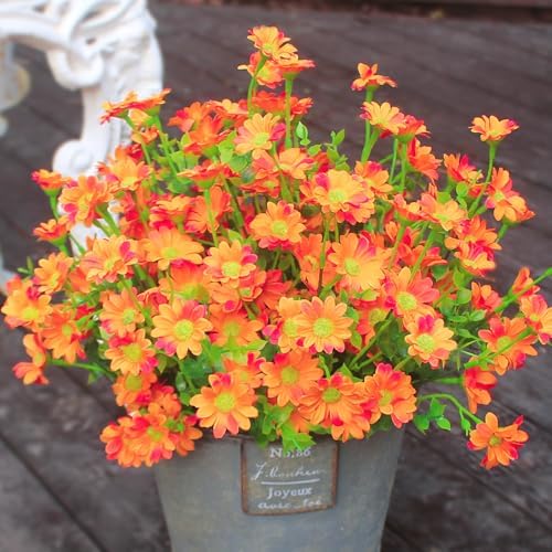 Fake Mums Look Real Fall Flowers 8 Bundles Thanksgiving Outdoor Decorations Artificial Orange Daisy Flower Outside Plants Silk for Autumn Front Porch Patio Planter Decor (8 Bundles Orange)