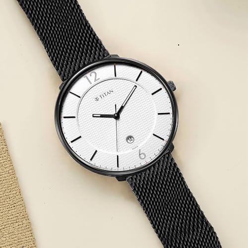 Image of Titan Minimalist Quartz Analog with Date White Dial Black Stainless Steel Strap Watch for Men - NT1849NM01
