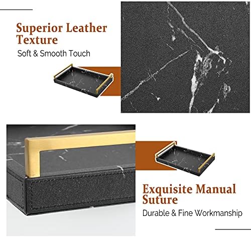 Lewondr ServingTray with Wide Metal Handles, PU Ottoman Serving Tray, 15.35"x9.84"x2.36" Desktop Serving Platter, Jewelry Key Tray, Countertop Storage Organizer Plate for Kitchen,Office - Black Marble