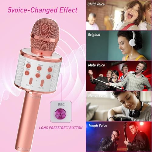 Image of Wireless Bluetooth Kids Karaoke Microphone with Speaker, Age 3-12 | Rechargeable, LED Lights, Voice Effects, Music Player, Portable