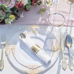 Nervure 350PCS Gold Plastic Plates - Gold Plastic Dinnerware Sets for 50 Guests - 100 Disposable Plates, 150 Silverware, 50 Cups, 50 Napkins for Wedding & Party - Image 2