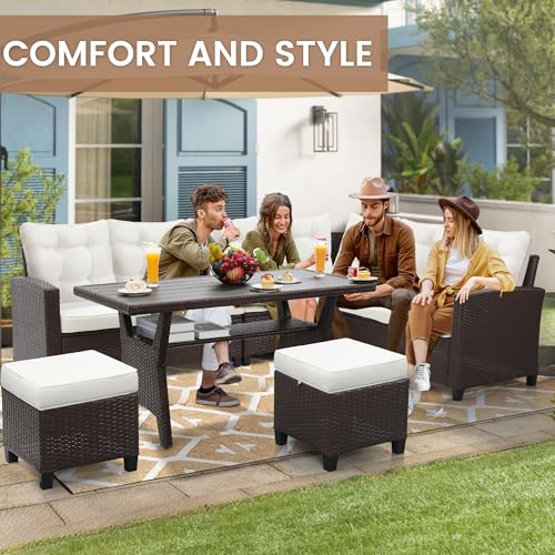 Image of KROFEM 6 Piece Patio Furniture Set, Dining and Conversation Set, Beige | UV Treated Wicker, Machine Washable Cushions, Seats 7, 2 Ottomans, 3 Sofa Section, Dining Table, Rustproof Frame