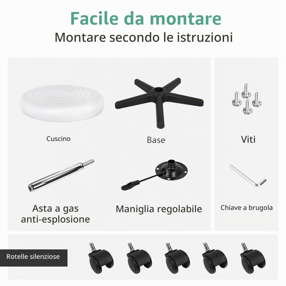FURWOO Sgabello girevole rotondo con ruote PU Leahter Sgabello rotante altezza regolabile per Spa Salon Massaggio Bianco