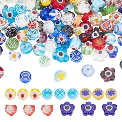 arricraft 120 Stück Millefiori Glasperlen 5 Stil Mehrfarbige Blumen Lampwork Kristallperlen Runde Herzperlen Flache Perlen In Runder Form Lose Abstandsperlen Zur Herstellung...