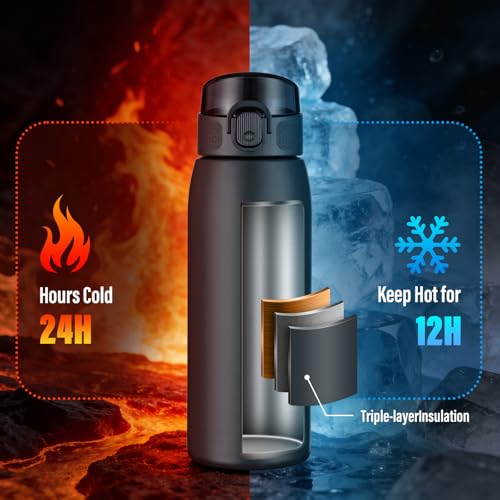 Image of Insulated Water Bottle 18 oz with Dustproof Lid, Carry Handle & Tea Infuser, BPA-Free & Leakproof, Stainless Steel Water Bottles Ideal for Fitness, Hiking, Office & Outdoor Use (Cold Gray)