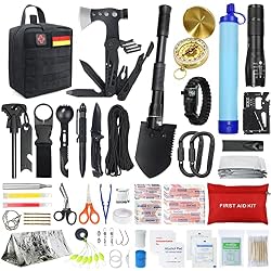 Kit de supervivencia para camping/aventura con botiquín de primeros auxilios, 180 piezas, con filtro de agua, pajita, hacha de martillo multifuncional, regalo para hombre, color negro