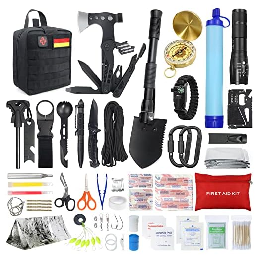 Außen Notfall Survival Kit mit Erste Hilfe Set, WayinTop 180PCS Survival Ausrüstung mit Wasserfilter Stroh Multi-Tool Hammer Axt, Geschenke für Männer Camping/Abenteuer/Wandern im Freien (Schwarz)