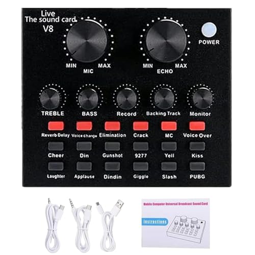 LinJie Sound Card V8 External Sound Card Mini Sound Mixer Board Voice Changer Sound Card with Multiple Sound Effects for Live Recording Home KTV Voice Chat