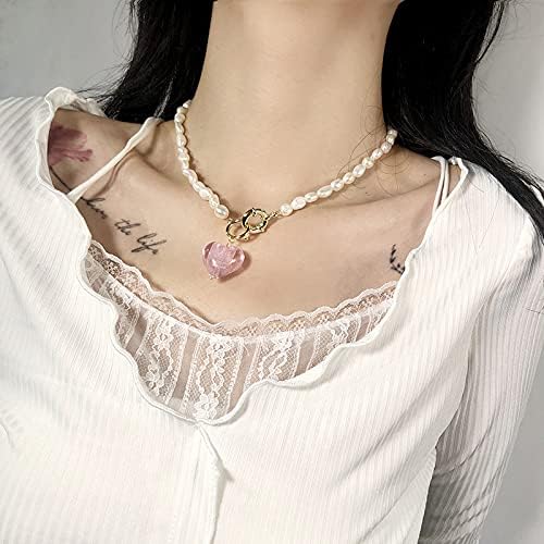 KVLmoze Pearl Choker with Heart Charm Pendant 8mm Cultured Handpicked Pearl Crystal Heart Vintage Delicate Love Jewelry Mother's Day gifts for Women mom - Image 5