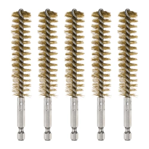 HARFINGTON 5Pcs Bore Brush Brass 18mm Dia Cleaning Twisted Bronze Wire Brush Tube Pipe Cleaner with Handle 1/4 Inch Hex Shank for Tubes, Ports, Bearings