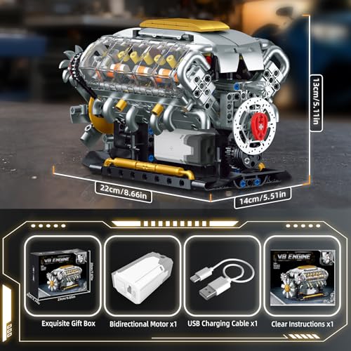 Nahaufnahme der drehbaren Mechanik im QLT Mini V8 Technik-Modell. - Detailansicht von V8 Motor Bausatz Klemmbausteine...