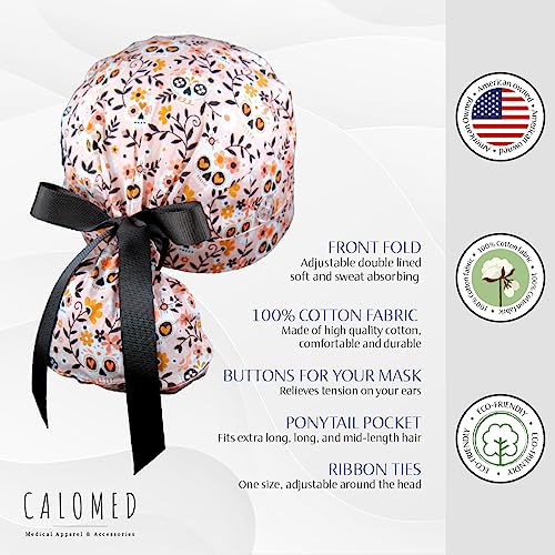 Image of Scrub Cap for Women and Men, Ponytail Scrub Caps, Working Hat, Head Cover with Ribbon Ties and Buttons, Long Hair