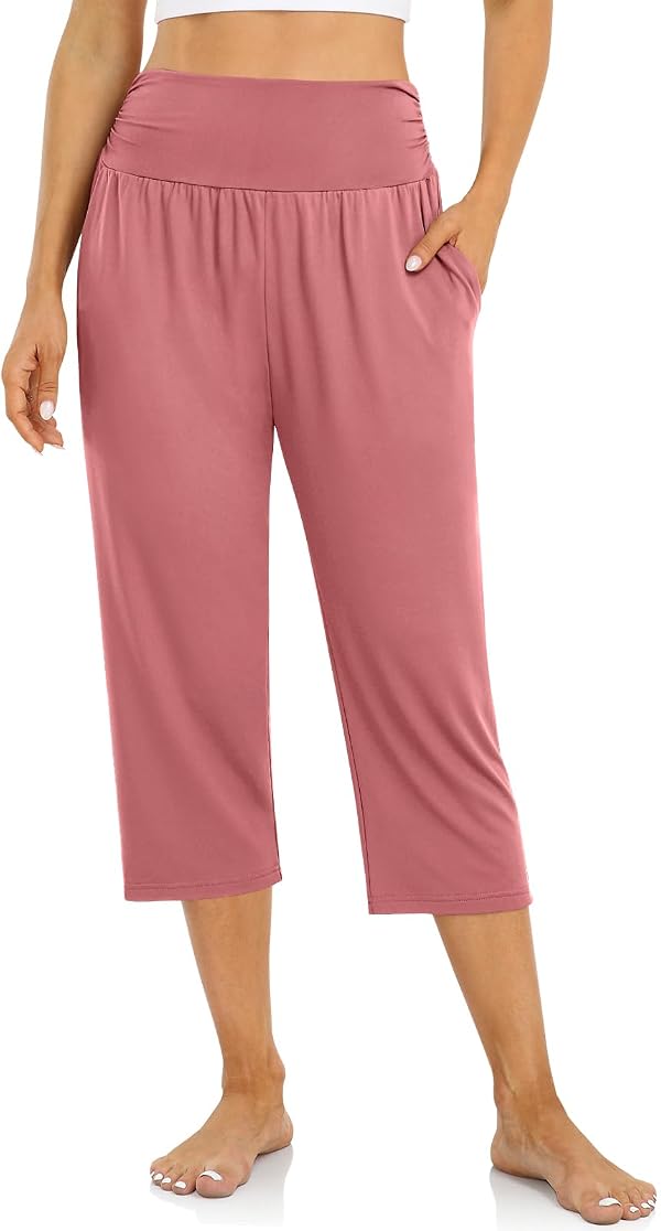 UEU Women's Elastic High Waist Capri Plus Casual Summer Loose Fit Wide Leg Yoga Pants Maternity Lounge Capris Sweatpants Pockets(DustyRose,2XL) by UEU - Used condition - US$21.91