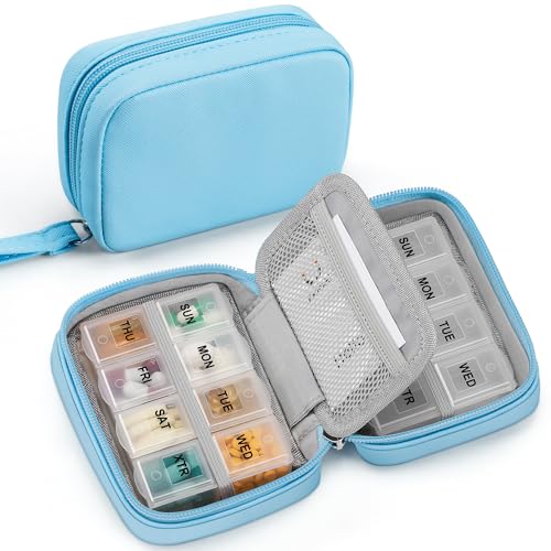 Image of Zannaki Cute Pill Organizer for Purse with Two Removable 7-Day Pill Box, Travel PU Leather Pill Case, Portable Weekly Pill Container with Storage Bag to Hold Vitamins, Fish Oils, Supplements (Blue)