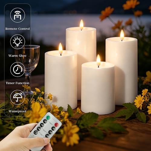 Image of JOIONE Outdoor Waterproof Flameless Pillar Candle with Remote 4 Pack White