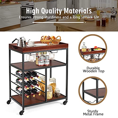 Costway Kitchen Rolling Island Cart, With 9-Bottle Wine Racks & Glass Holders, Utility Beverage Cart Trolley With Lockable Wheels For Home Kitchen, Wooden And Metal Frame, Rustic Brown #TOP4