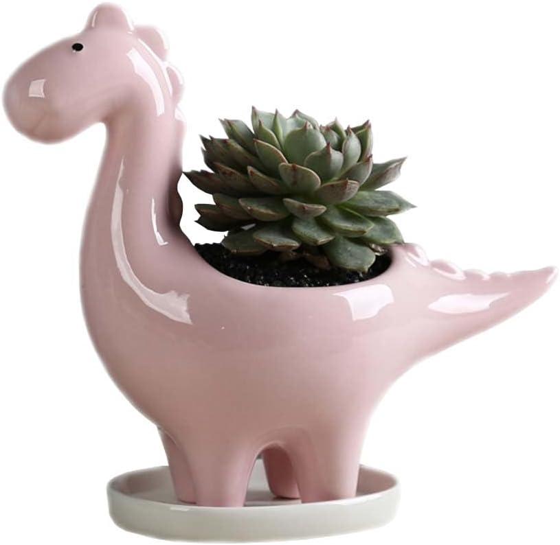 Ceramic Dinosaur Succulent Pots, Cute Mini Animal Planter, Creative Plant Pots for Gardening, Succulents, Flowers, Cactus, for Indoors Outdoor Office Home Garden Kitchen Decor (Pink)