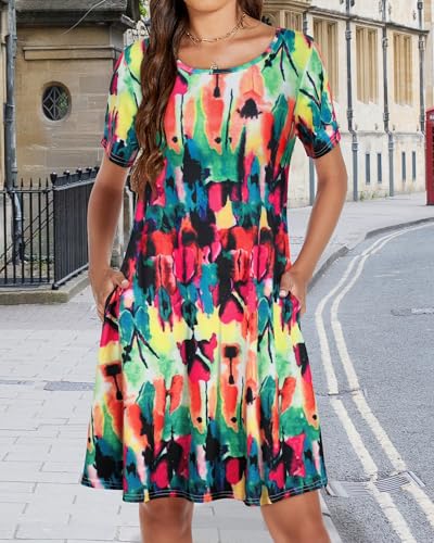 Image of Womens Summer Dresses Beach Casual Loose Tshirt Floral Short Sleeve Flowy Pockets Sundresses 2026