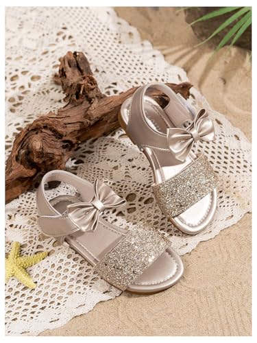 Verdusa Girl's Sparkly Dressy Sandals Summer Vacation Open Toe Flat Leather Bow Sandals4