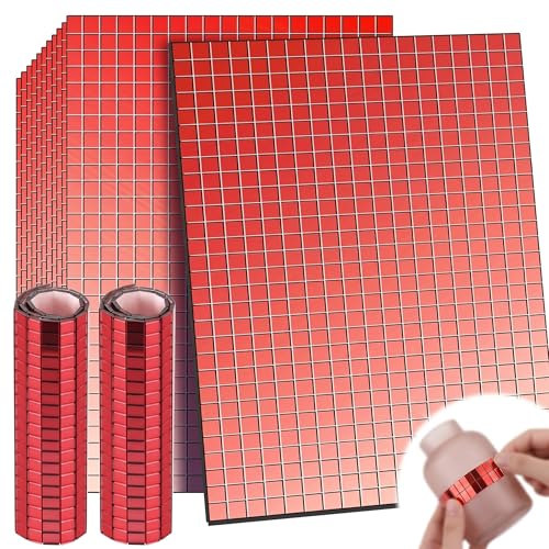 BLPRKOT 1800 Pièces Mosaïque Miroir Adhésive Rouge - 5x5mm Mini Carreaux Autocollants pour Boule à Facettes, Décoration DIY, Loisirs Créatifs et KTV -...