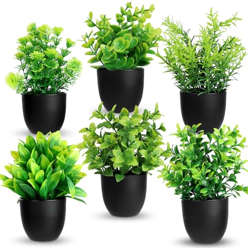 JOLIGAEA 6 Piezas Plantas Artificiales, Pequeñas Plantas Artificiales en Maceta, Plantas Artificiales de Plástico, Plásticos Mini Plantas Falsas para Mesa Estante Baño Oficina Casa Decoración